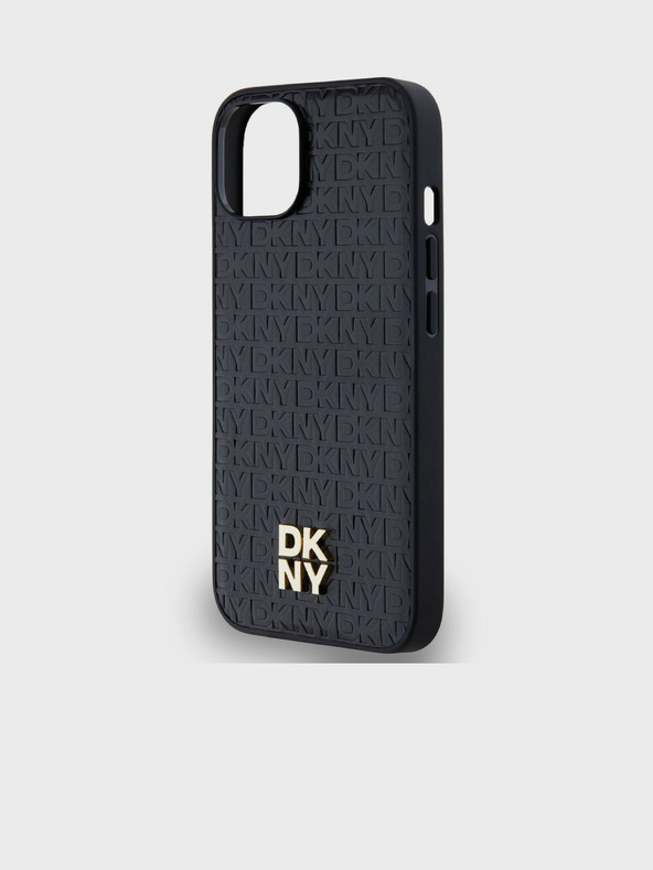 DKNY PU Leder Wiederholungsmuster Stack Logo Magsafe Back Cover für iPhone 15 Schwarz DKNY