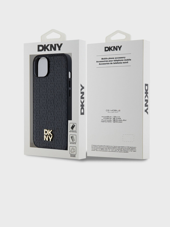 DKNY PU Leder Wiederholungsmuster Stack Logo Magsafe Back Cover für iPhone 15 Schwarz DKNY