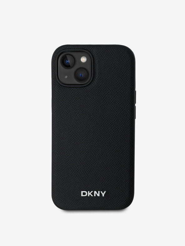 DKNY PU Leder Silber Metall Logo Magsafe Back Cover für iPhone 15 Schwarz DKNY