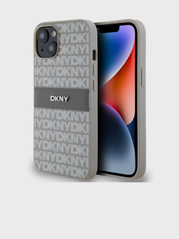 DKNY PU Leder mit tonalem Streifenmuster und Wiederholungsmuster für iPhone 14 Beige DKNY