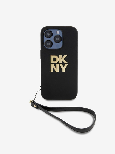 DKNY PU Leather Stack Logo Wrist Strap Back Cover für iPhone 14 Pro Max Schwarz DKNY