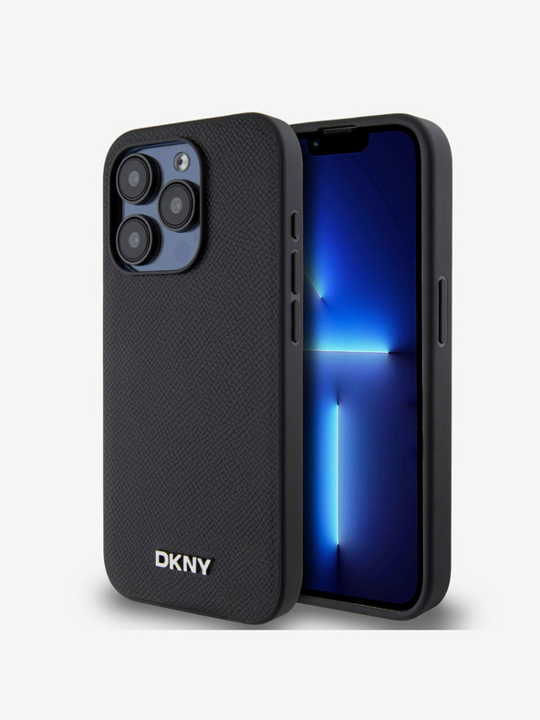 DKNY PU Leder Silber Metall Logo Magsafe Back Cover für iPhone 15 Pro Max Schwarz DKNY