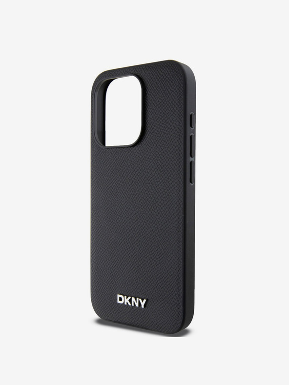 DKNY PU Leder Silber Metall Logo Magsafe Back Cover für iPhone 15 Pro Max Schwarz DKNY