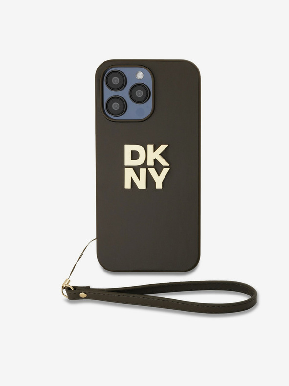 DKNY PU Leather Stack Logo Wrist Strap Back Cover für iPhone 14 Pro Braun DKNY