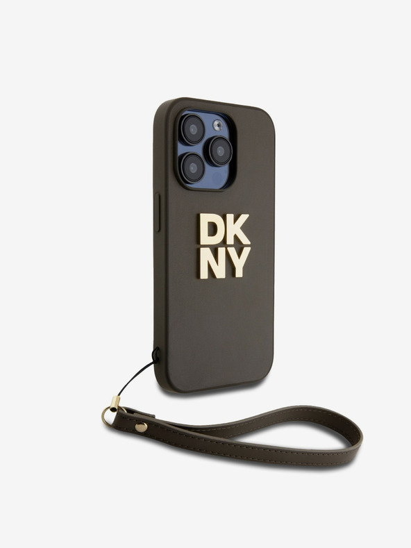 DKNY PU Leather Stack Logo Wrist Strap Back Cover für iPhone 14 Pro Braun DKNY