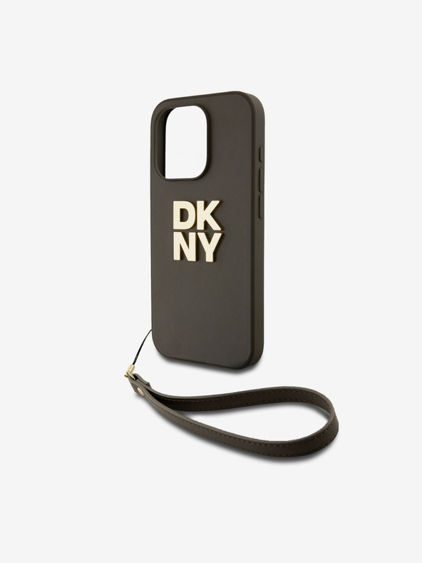 DKNY PU Leather Stack Logo Wrist Strap Back Cover für iPhone 14 Pro Braun DKNY