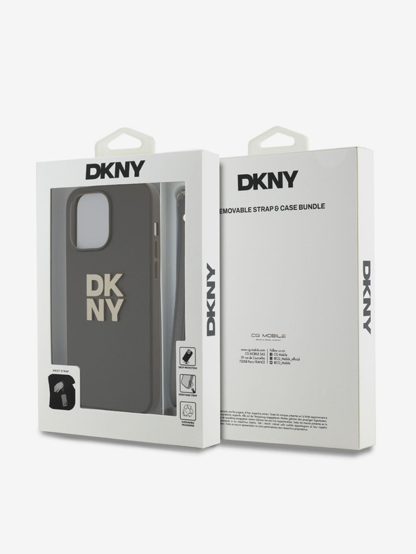 DKNY PU Leather Stack Logo Wrist Strap Back Cover für iPhone 14 Pro Braun DKNY
