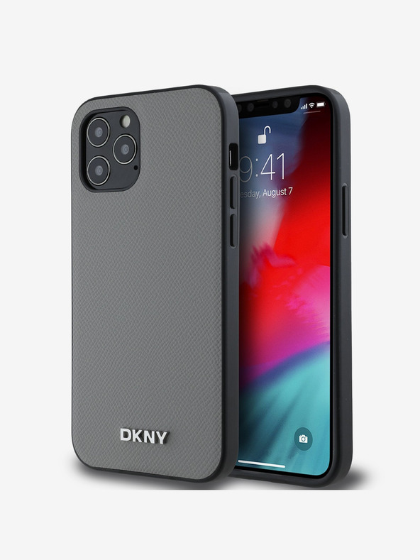 DKNY PU Leder Silber Metall Logo Magsafe Schutzhülle für iPhone 12/12 Pro Grau DKNY