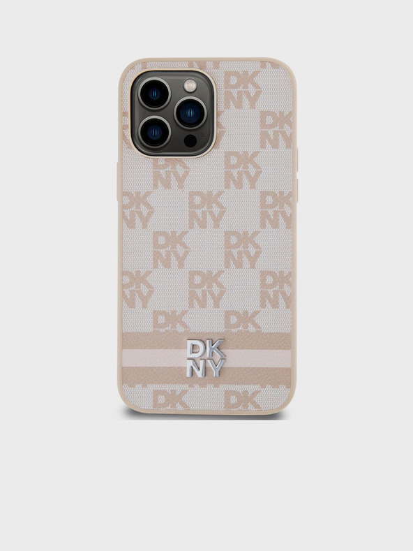 DKNY Rückseite aus PU-Leder mit Schachbrettmuster und Streifen für das iPhone 15 Pro Max Pink DKNY