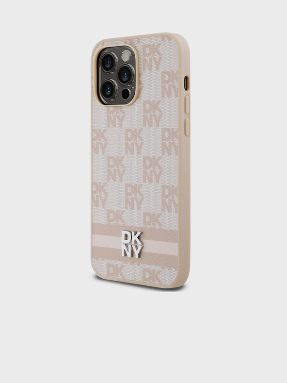 DKNY Rückseite aus PU-Leder mit Schachbrettmuster und Streifen für das iPhone 15 Pro Max Pink DKNY