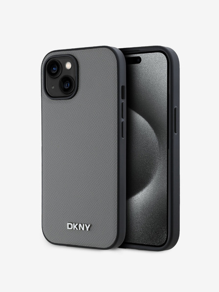 DKNY PU Leder Silber Metall Logo Magsafe Schutzhülle für iPhone 15 Grau DKNY
