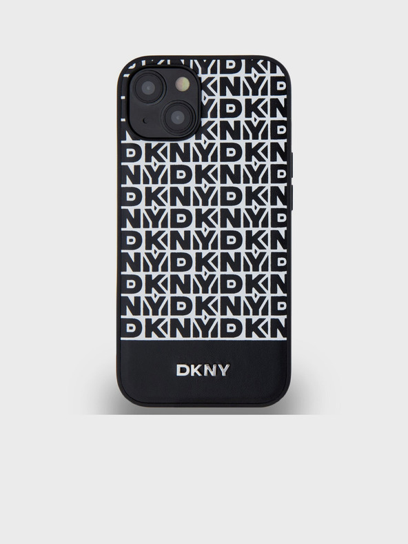 DKNY PU Leather Repeat Pattern Bottom Stripe MagSafe Back Cover for iPhone 13 Black DKNY
