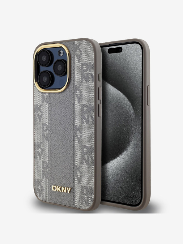 DKNY PU Leder Karomuster Magsafe Schutzhülle für iPhone 15 Pro Beige DKNY