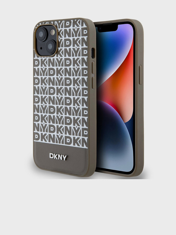 DKNY PU Leather Repeat Pattern Bottom Stripe MagSafe Back Cover for iPhone 15 Brown DKNY
