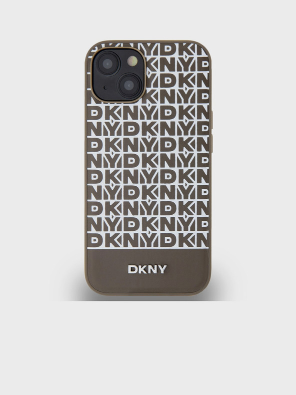 DKNY PU Leather Repeat Pattern Bottom Stripe MagSafe Back Cover for iPhone 15 Brown DKNY