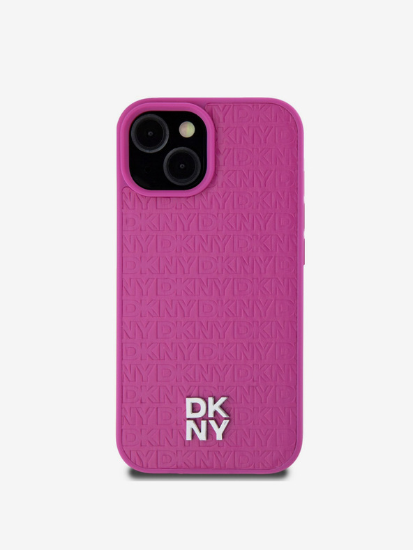 DKNY PU Leder Wiederholungsmuster Stack Logo Magsafe Schutzhülle für iPhone 15 Pink DKNY
