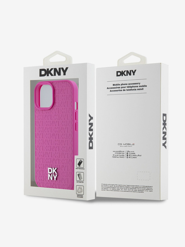 DKNY PU Leder Wiederholungsmuster Stack Logo Magsafe Schutzhülle für iPhone 15 Pink DKNY
