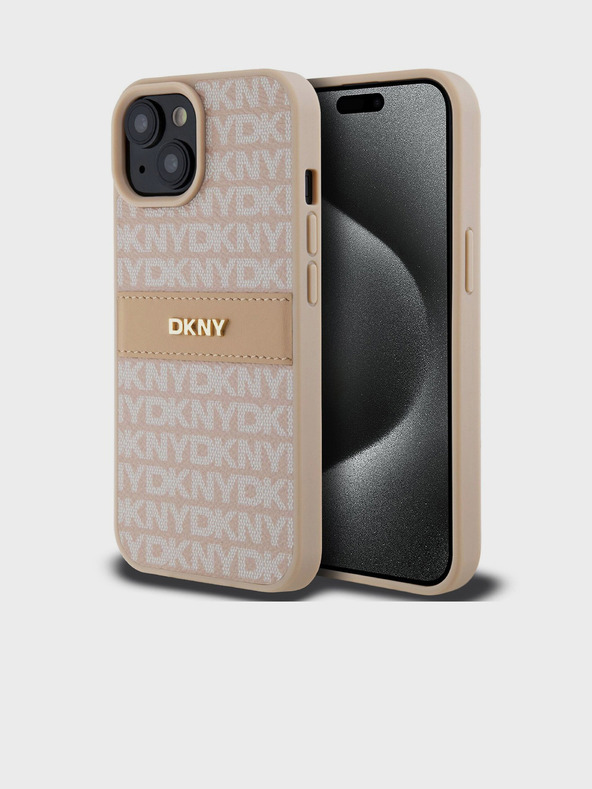 DKNY Rückseite für iPhone 15 Pink DKNY PU-Leder mit tonalem Streifenmuster (Rapport)