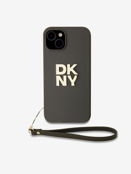 DKNY PU Leather Stack Logo Wrist Strap Back Cover für iPhone 13 Braun DKNY