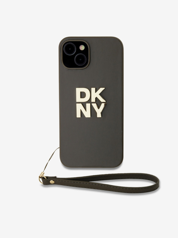 DKNY PU Leather Stack Logo Wrist Strap Back Cover für iPhone 13 Braun DKNY