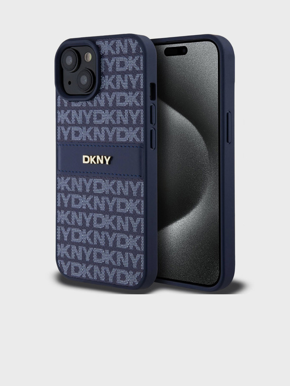 DKNY Rückseite für iPhone 15 Blau DKNY PU-Leder mit tonalem Streifen-Wiederholungsmuster