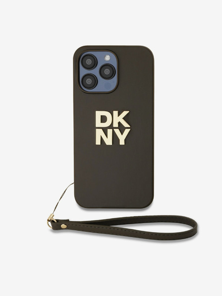 DKNY PU Leather Stack Logo Wrist Strap Back Cover für iPhone 14 Pro Max Braun DKNY