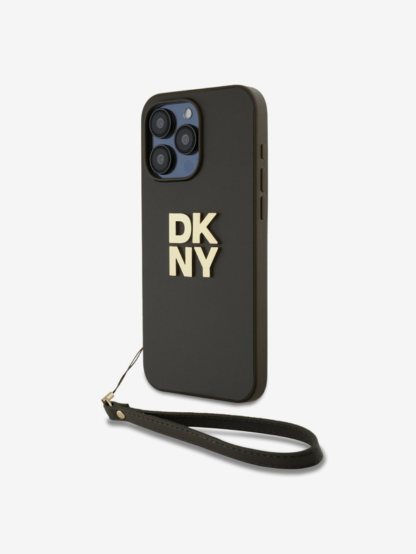DKNY PU Leather Stack Logo Wrist Strap Back Cover für iPhone 14 Pro Max Braun DKNY