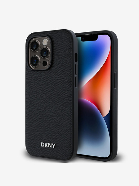 DKNY PU Leder Silber Metall Logo Magsafe Schutzhülle für iPhone 14 Pro Schwarz DKNY