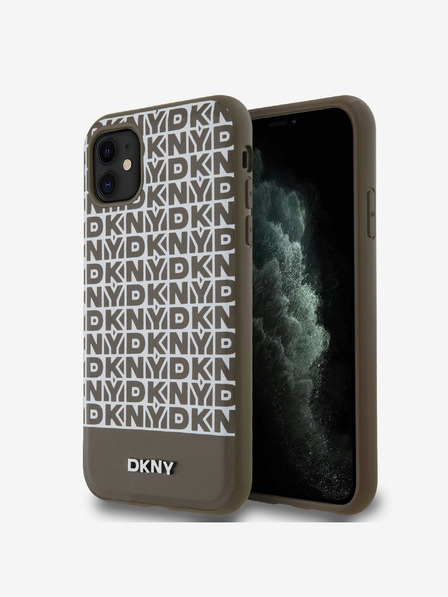 DKNY PU Leather Repeat Pattern Bottom Stripe MagSafe Back Cover for iPhone 11 Brown DKNY