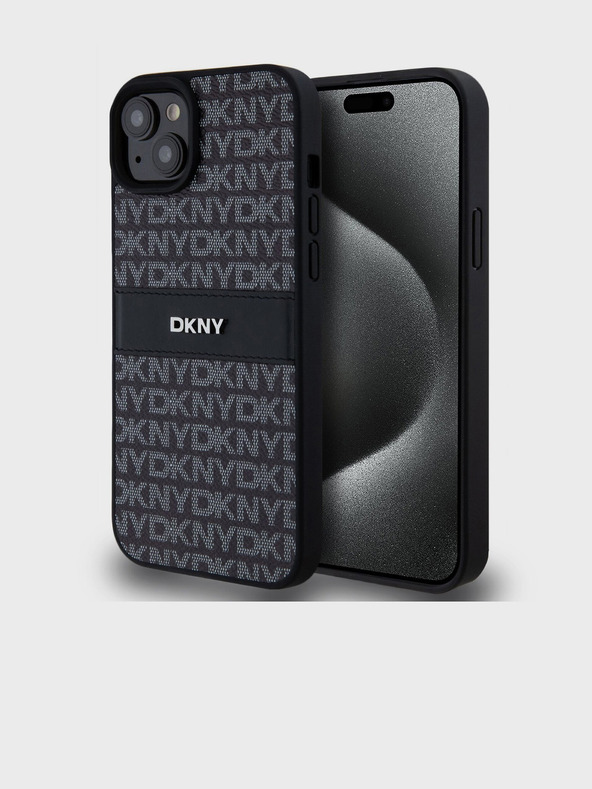 DKNY Rückseite mit tonalem Streifenmuster aus PU-Leder für das iPhone 15 Plus Schwarz DKNY