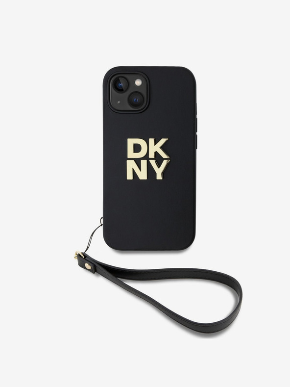 DKNY PU Leather Stack Logo Wrist Strap Back Cover für iPhone 13 Schwarz DKNY