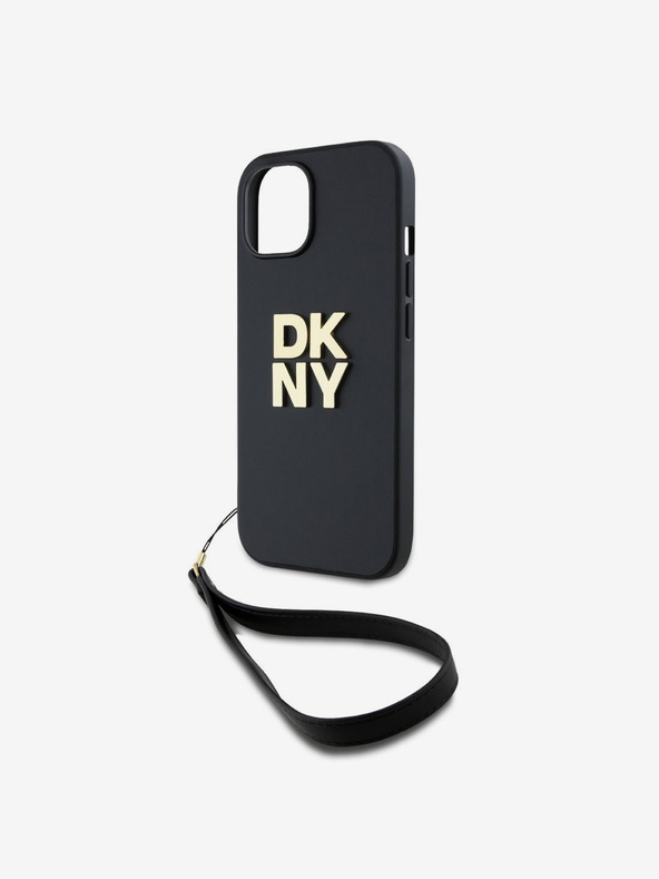 DKNY PU Leather Stack Logo Wrist Strap Back Cover für iPhone 13 Schwarz DKNY
