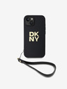 DKNY PU Leather Stack Logo Wrist Strap Back Cover für iPhone 14 Schwarz DKNY
