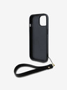 DKNY PU Leather Stack Logo Wrist Strap Back Cover für iPhone 14 Schwarz DKNY