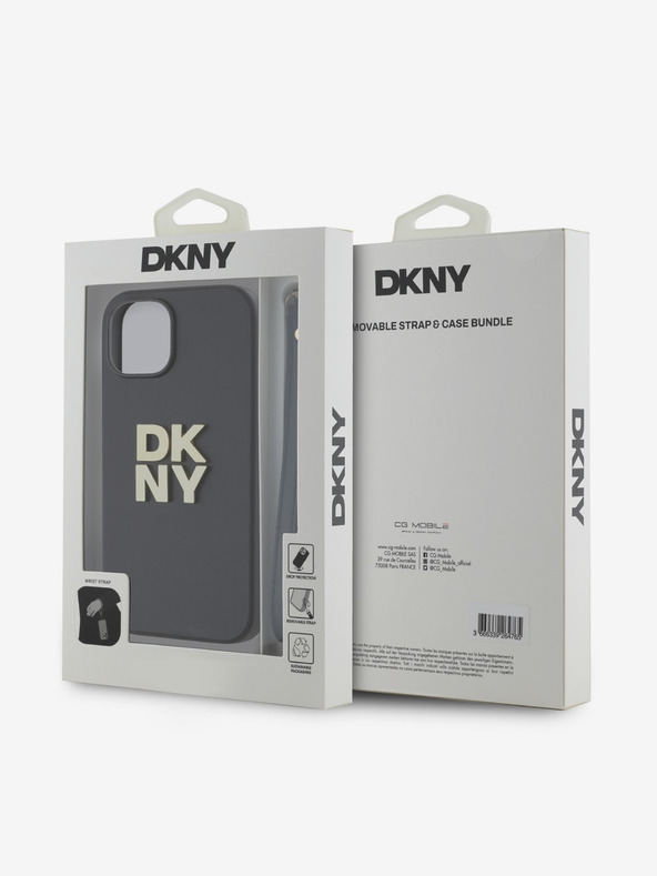 DKNY PU Leather Stack Logo Wrist Strap Back Cover für iPhone 14 Schwarz DKNY