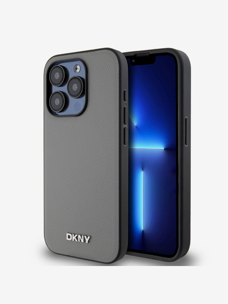 DKNY PU Leder Silber Metall Logo Magsafe Schutzhülle für iPhone 14 Pro Max Grau DKNY