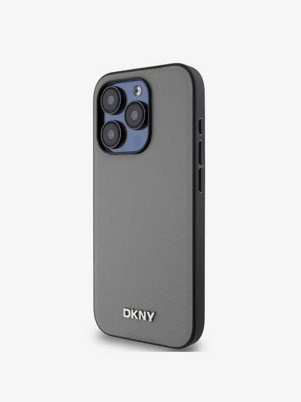 DKNY PU Leder Silber Metall Logo Magsafe Schutzhülle für iPhone 14 Pro Max Grau DKNY