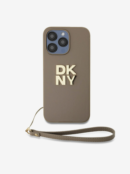 DKNY PU Leather Stack Logo Wrist Strap Back Cover für iPhone 14 Pro Max Beige DKNY