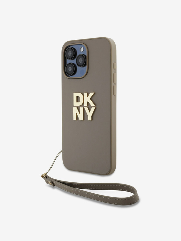 DKNY PU Leather Stack Logo Wrist Strap Back Cover für iPhone 14 Pro Max Beige DKNY