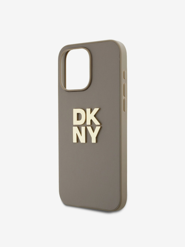 DKNY PU Leather Stack Logo Wrist Strap Back Cover für iPhone 14 Pro Max Beige DKNY