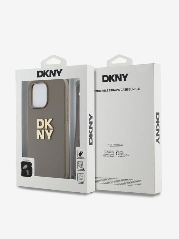 DKNY PU Leather Stack Logo Wrist Strap Back Cover für iPhone 14 Pro Max Beige DKNY