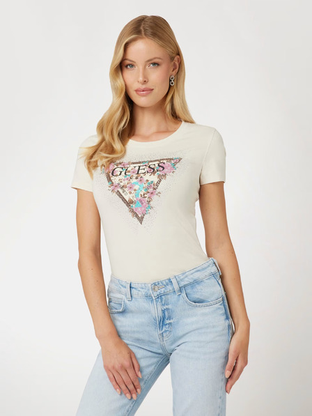 Guess Cremefarbenes Damen-T-Shirt mit Guess-Logo