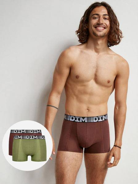 DIM Set aus zwei Herren-Boxershorts in Grün und Dunkelbraun DIM COTTON 3D FLEX AIR BOXER 2x