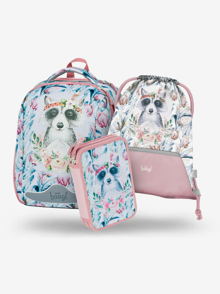 BAAGL  Weißes Schulset - Aktentasche, Federmäppchen, Tasche Baagl Shelly Raccoon
