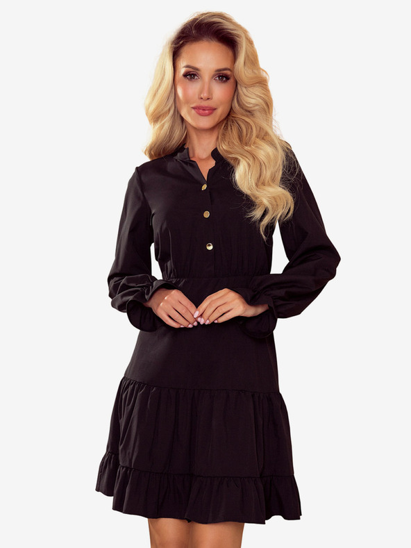 numoco Schwarzes Kleid mit Rüschen und goldenen Knöpfen Numoco