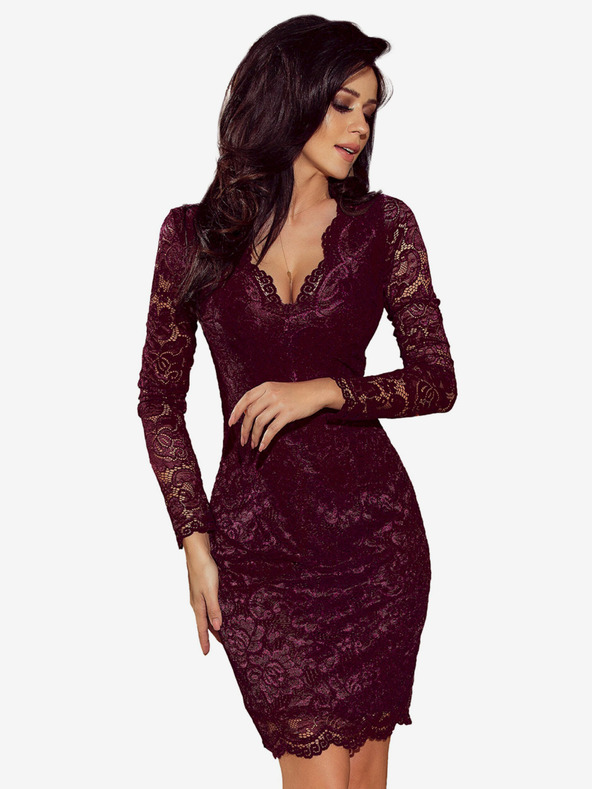 numoco Langärmeliges Spitzenkleid mit tiefem Ausschnitt - dunkle Pflaume Numoco