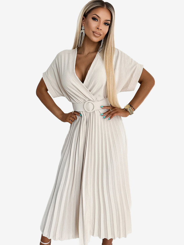 numoco FELICIA Plissiertes Midikleid mit herzförmigem Ausschnitt und breitem Gürtel - beige Numoco