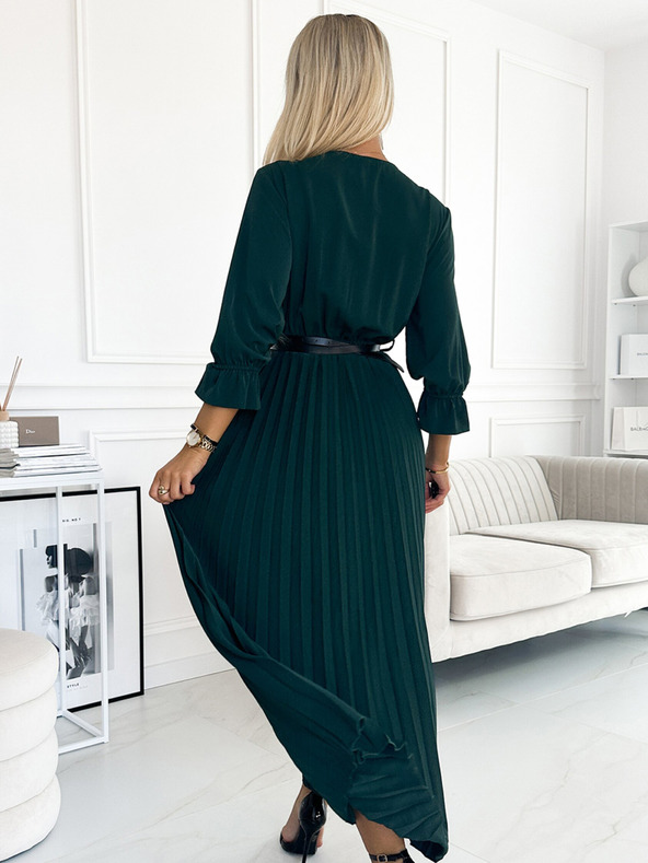 numoco SERENA Maxikleid mit Rundhalsausschnitt, Gürtel und 3/4 Ärmeln - Grün Numoco