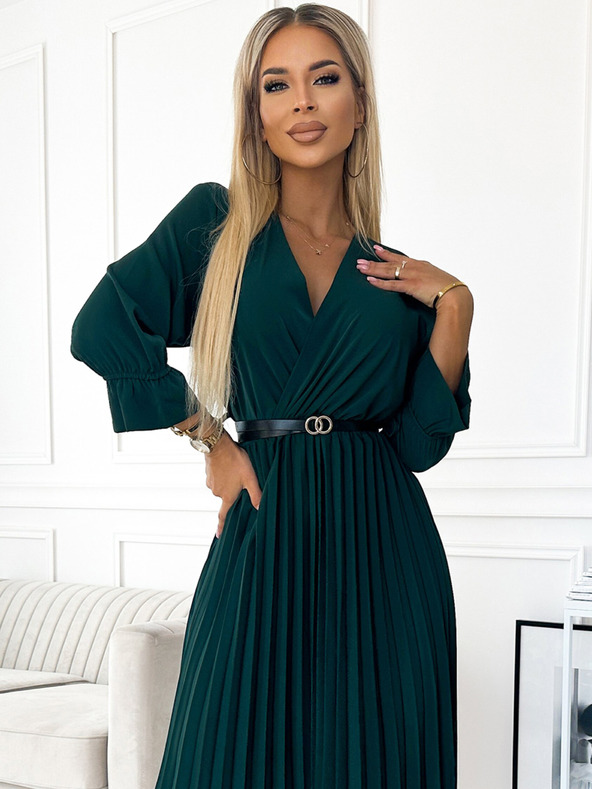 numoco SERENA Maxikleid mit Rundhalsausschnitt, Gürtel und 3/4 Ärmeln - Grün Numoco