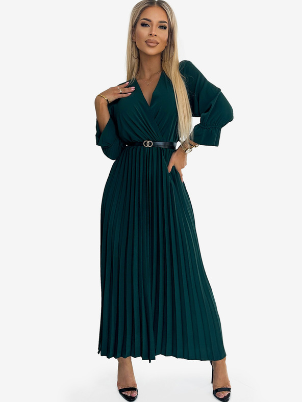 numoco SERENA Maxikleid mit Rundhalsausschnitt, Gürtel und 3/4 Ärmeln - Grün Numoco